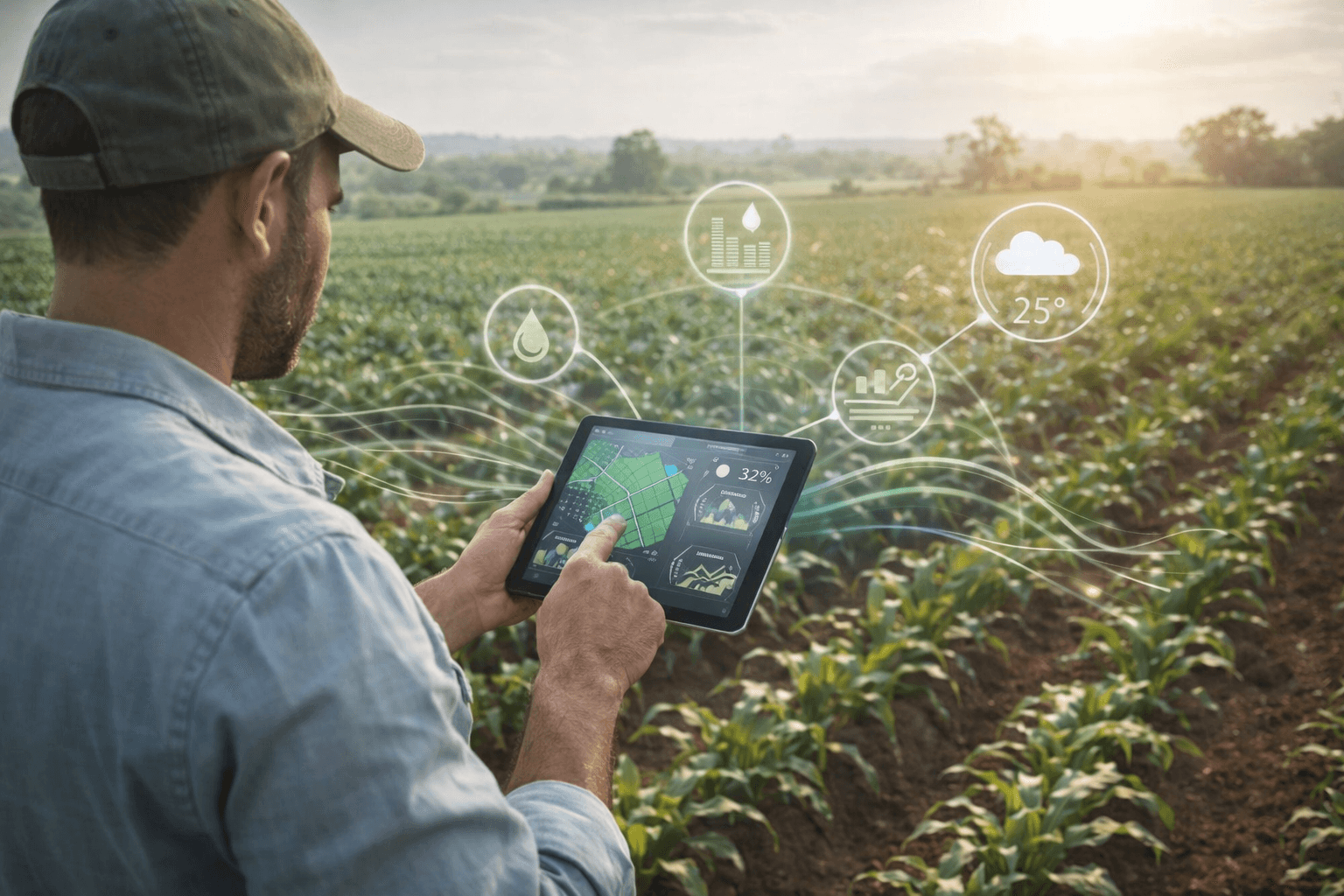 Productor agrícola con tecnología digital